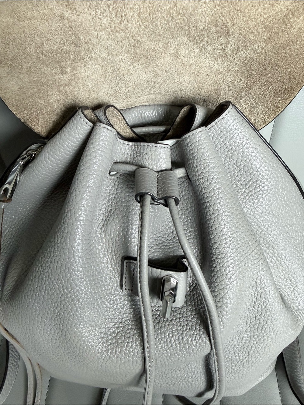 Rebecca Minkoff Gray Pebbled Genuine Leather Drawstring Backpack Purse - Picture 5 of 9